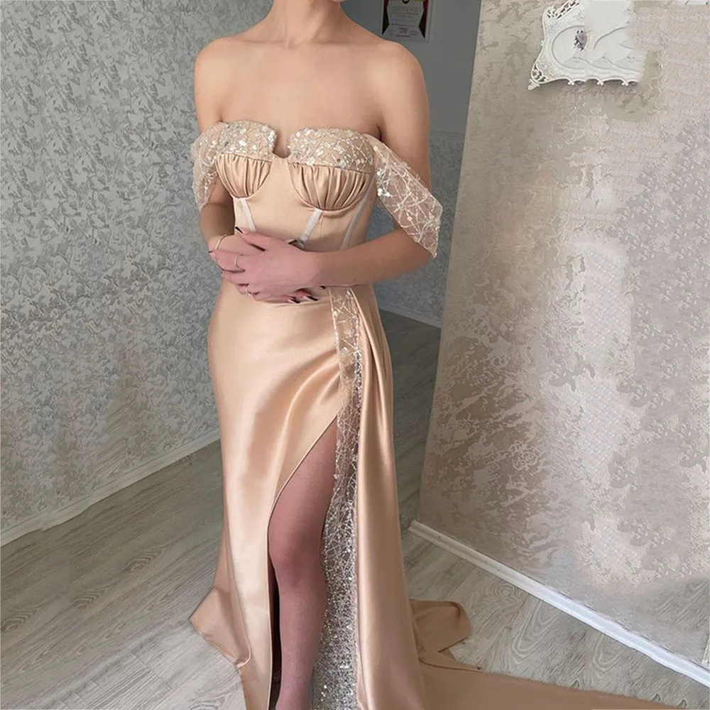 

Formal Pleats Sweetheart Sequined Off The Shoulder Straight Women Evening Dresses Lace Floor-Length Court Train Prom Gowns