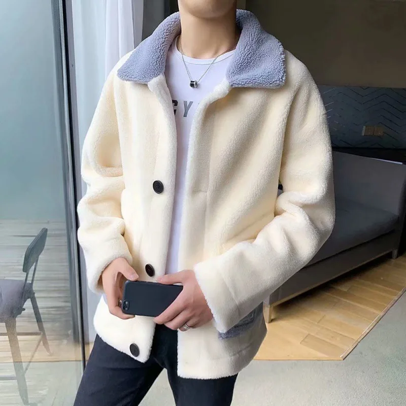

Winter Lamb Wool Versatile Jacket Coat for Men and Youth Trendy Brand Polo Collar Cotton Shirt Pi Shuai Thickened Warmth