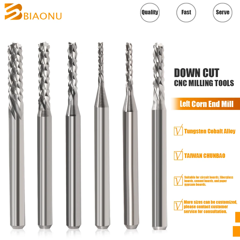 

Biaonu 1Pc 0.8/1/1.2/2/3.175mm Carbide Left Spiral PCB Corn Milling Cutter Down Cut CNC Carving Machine Bit PCB End Mill Tools