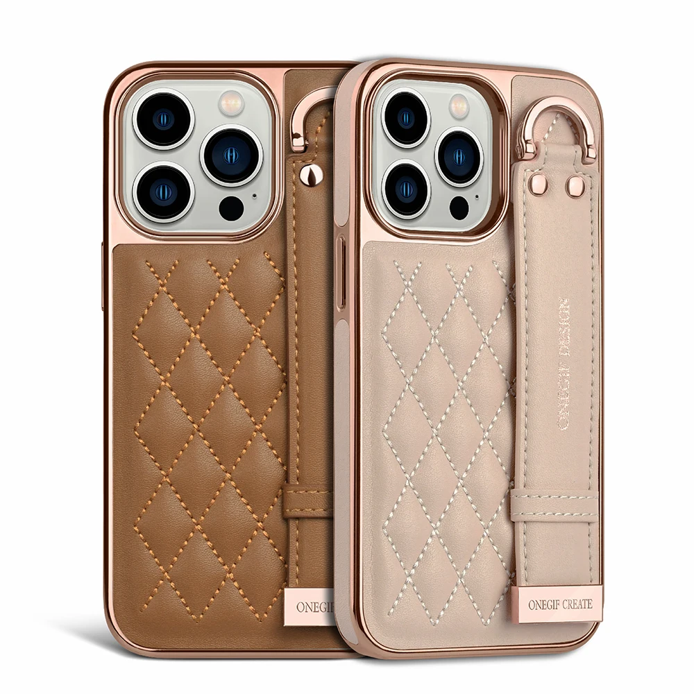 

ONEGIF Wrist Strap Phone Holder Leather Case For iPhone 13 14 15 Pro Max Plus Luxury Gold Plating Soft Frame Shockproof Cover