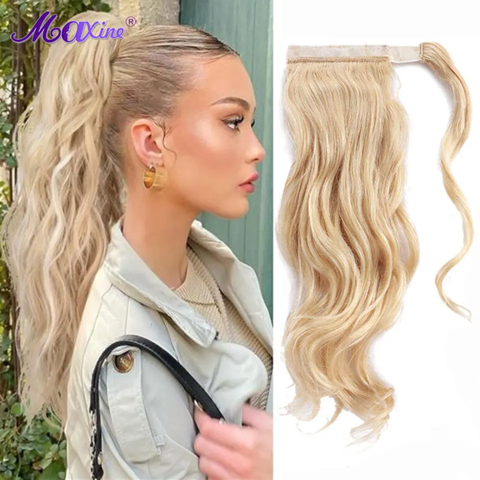 

Maxine Ponytail Human Hair 613 Blonde Wavy Hairpiece Horse Tail Wrap Ponytail Hair For Women Clip On Human Hair Ponytails