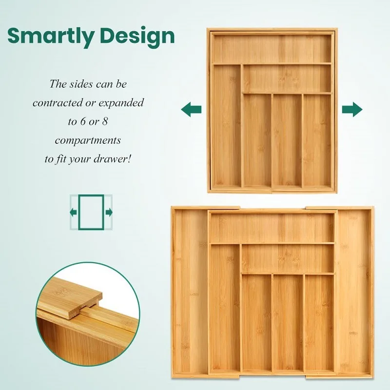 Bamboo Expandable Kitchen Drawer Storage Box Fork Tableware Knife Tableware Retractable Partitioned Organizing Box, 3