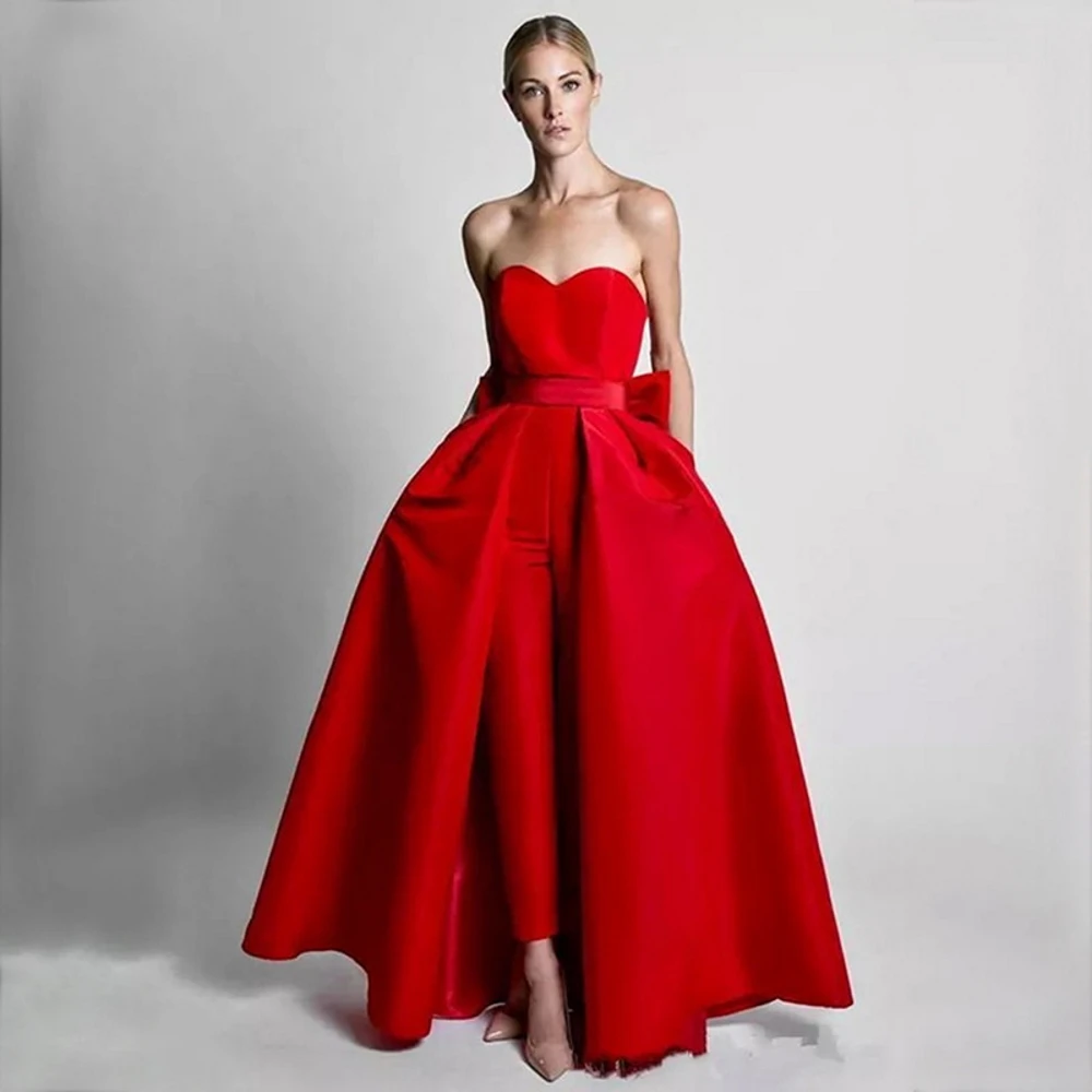 

POMUSE Classy Long Red A-Line Sleeveless Elegant Prom Dresses Jumpsuit Sweetheart Evening Dresses robe de soirée de mariage