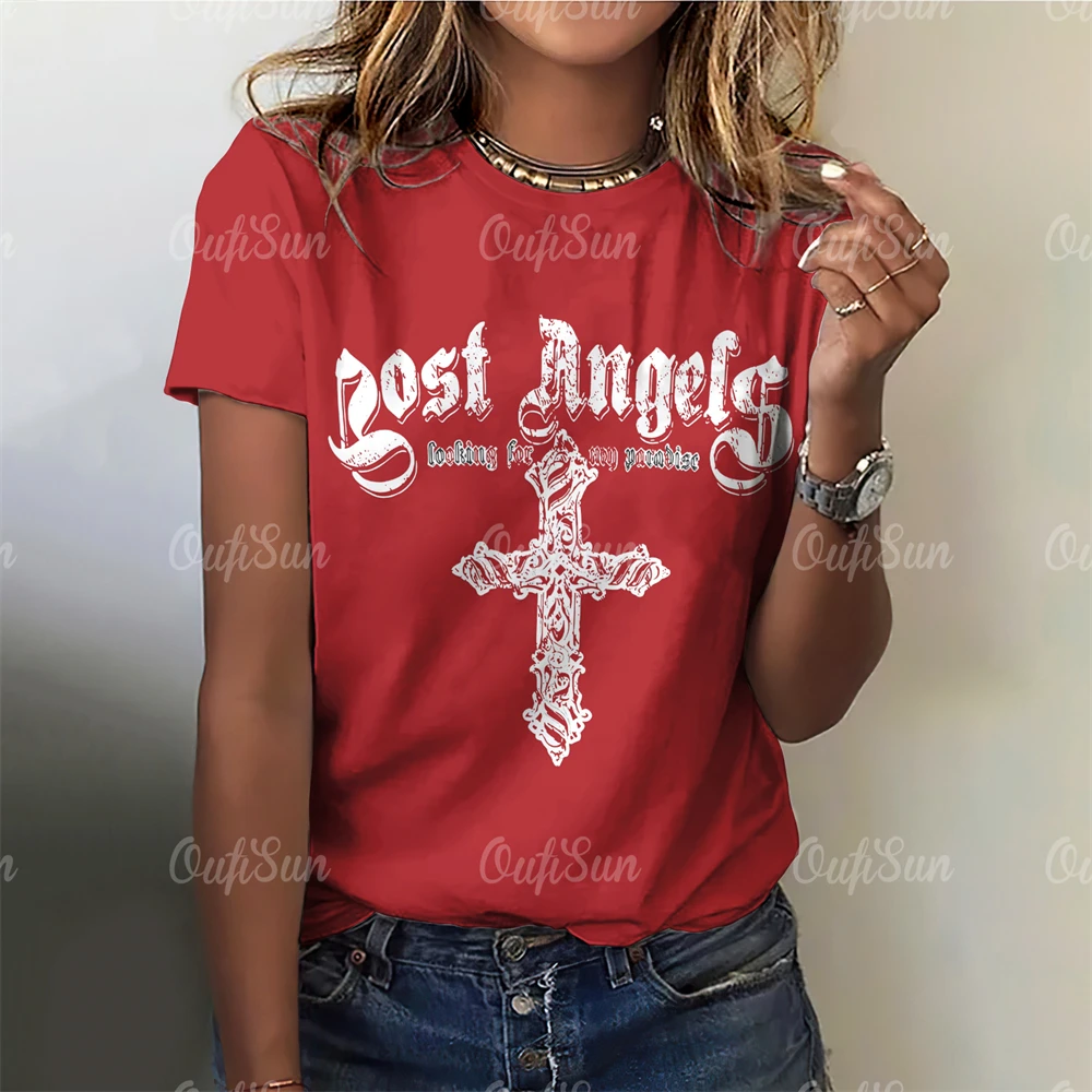 

Vintage Crucifix Print Women's Short Sleeves T-shirts Summer New Tees Tops Casual Loose O-neck Pullover Oversized Streetwear