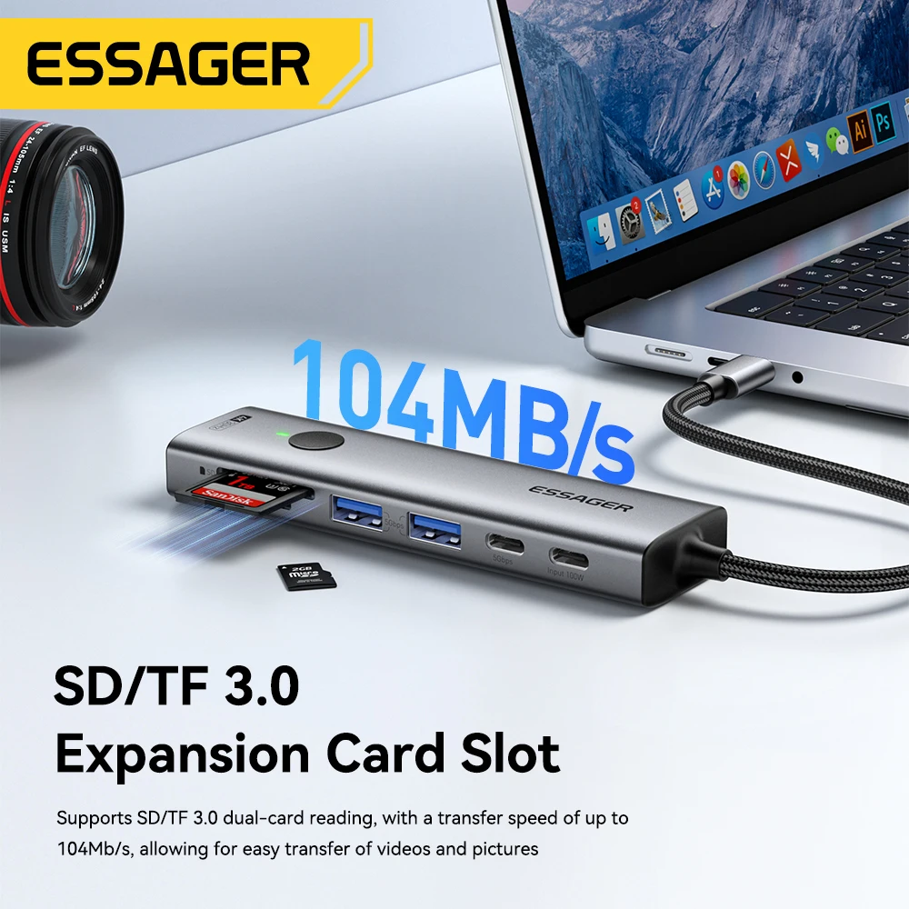 Essager USB C HUB 4K 7-in-1 Type C to HDMI PD 100W SD&TF USB 3.0 5Gbps Multiport Adapter for MacBook Laptop iPad Phone Splitter usb hub adapter,type c docking station,usb port adaptor,usb hub converter,cable converter,docking station,type c otg adapter