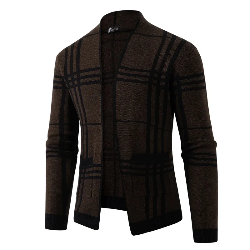Description Picture 5 of item2024 Autumn/Winter European and American Men's Trendy Plaid Sweater Slim Fit Casual British Cardigan Sweater Jacket