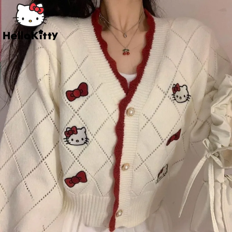 

Sanrio Kawaii Hello Kitty Cartoon Sweater For Women Y2k Korean Sweet Cute Student Cardigan Coat Autumn Fashion Luxury Thick Tops