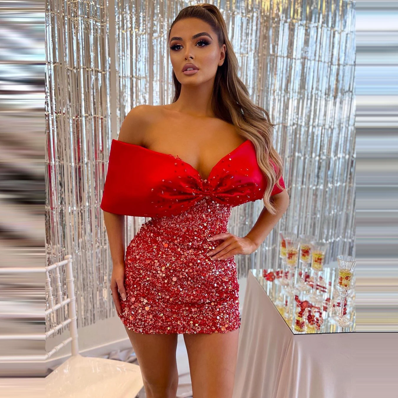 

Cute Bow Short Prom Dresses Cap Sleeves Strapless Mini Length Plus Size 2023 Party Dress For Black Girls Sequin Evening Gown