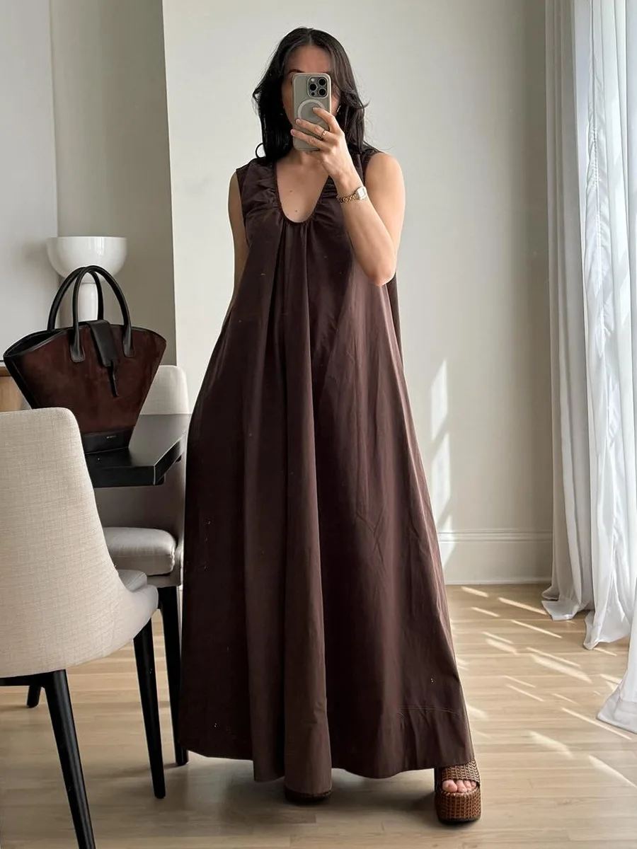 Bornladies Women's 2026 Summer New Sleeveless Dress 100% Cotton Refreshing Breathable Vacation Casual U-Neck Loose Maxi Dress