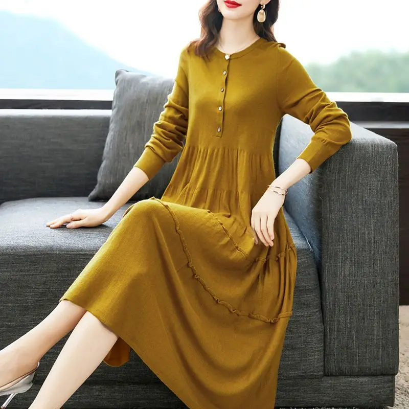 

Female Casual O-neck Women Knitted Maxi Dress Autumn Elegant Ribbed Long Sleeve Bodycon Ladies Fashion es G671