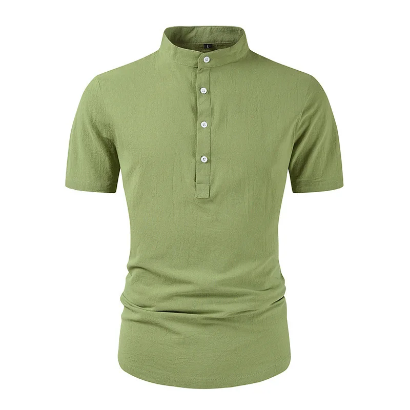 

Summer Men's Solid Standing Neck Loose Shirt Button Cotton Linen Shirt Youth Fashion Casual Short Sleeve Shirt