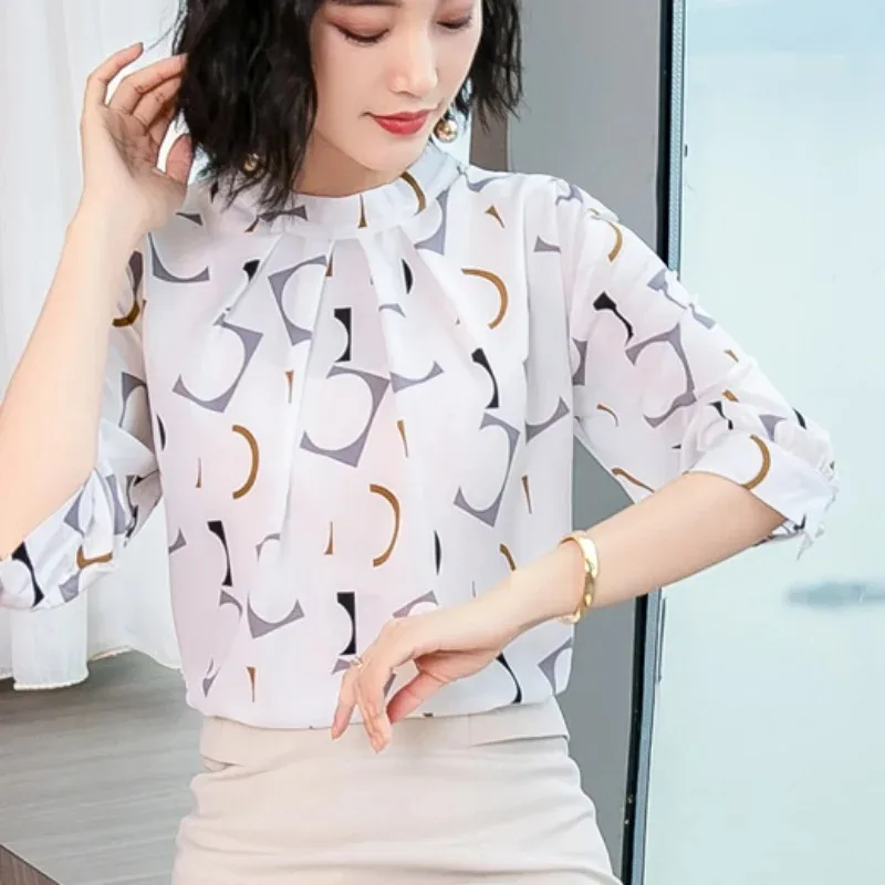 Women's Korean Summer Chiffon Blouse White Shirt Fashion Clothing Casual Blouses Office Shirts Ladies Tops 2480