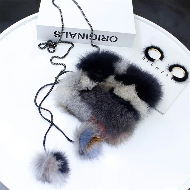 Women's Luxury Fur Drawstring Bucket Bag High Quality Fox Fur Fashion Shoulder Bag Soft Handbag With Color Contrast Design