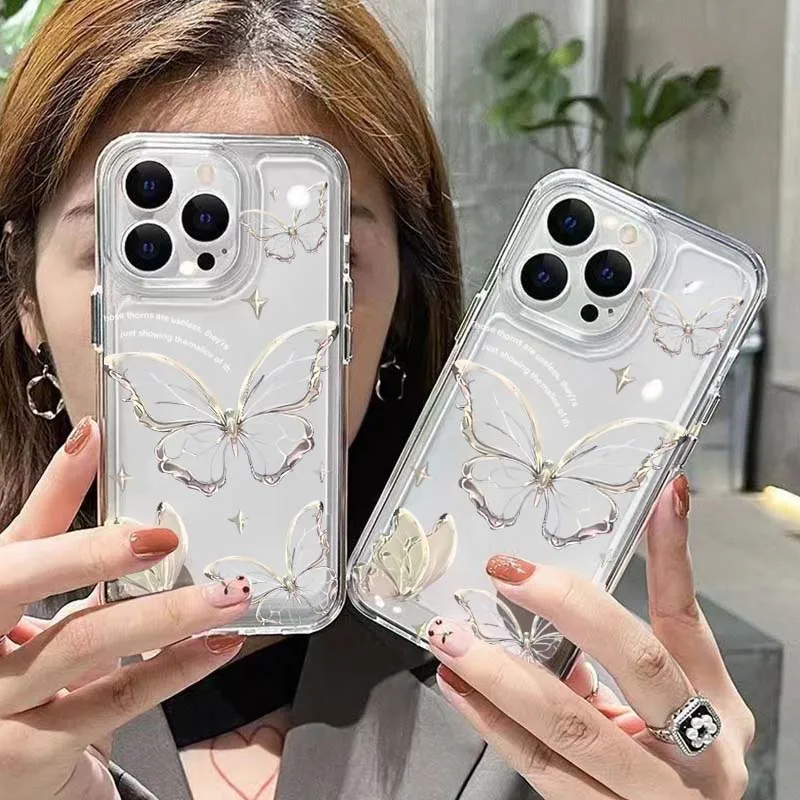 Elegant Gold Butterfly Transparent Shockproof Phone Case with Soft Back Cover