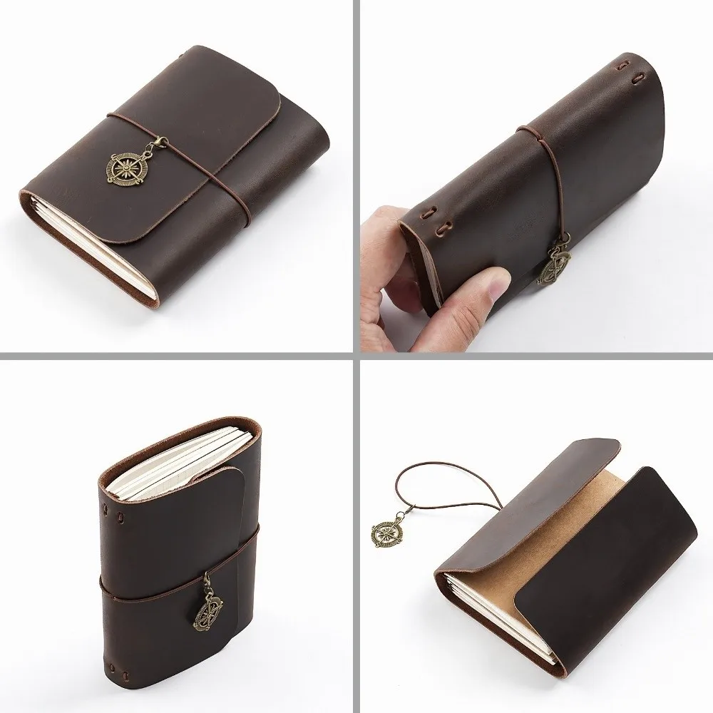 Handmade Genuine Leather Retro Tri-fold Travel Notebook - Refillable Sketchbook Planner with Loose-leaf Pages