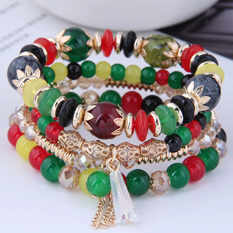DIEZI Korean Trendy Multicolor Green Crystal Beads Rope Bracelets Women Girls Elastic Tassel Wrap Bracelet Pulseira Feminina