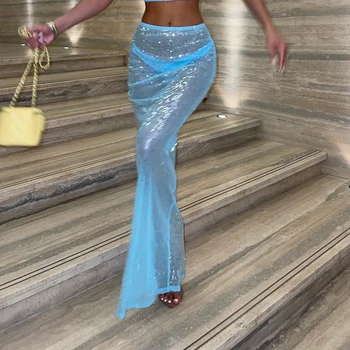 Y2K Women Bling Sequin Sheer Skirt Sparkly Elastic Waist Soild Color See Through Long Bodycon Skirt for Party Club 1