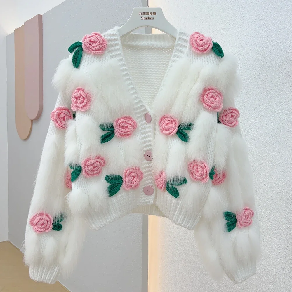Splicing Real Fox Fur Short Cardigan Coat Female 2023 Autumn Long Sleeve Top Women's Clothes Knitted Flowers Wool Outerwear Slim