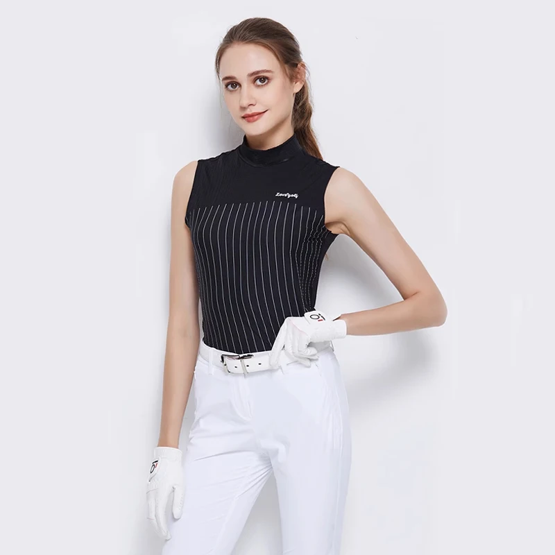 Women Tops Women Golf Polo Shirt Summer High Elastic Sports T-shirt Slim Ice Silk Sleeveless Top Stripe Half High Neck