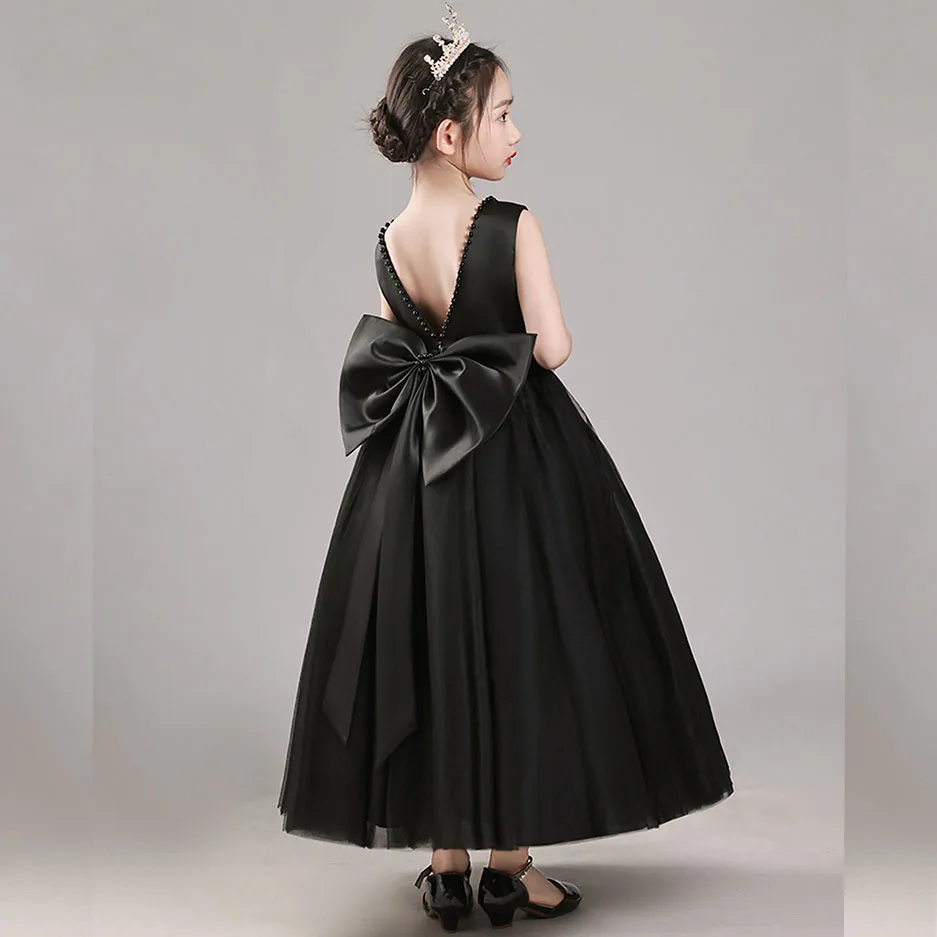 Little/Big Girls Elegant V Backless Big Bowknot Pearls Flower Girl Birthday Party Piano Show Performance Long Dress 6