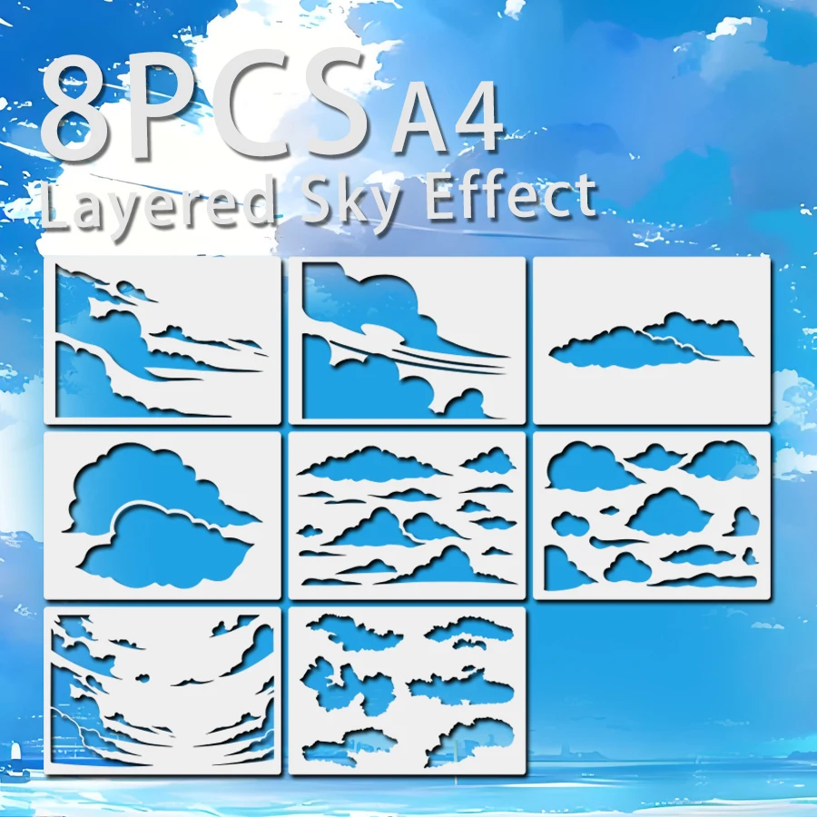 8PCS A4 구름 스텐실 세트 하늘 그림 템플릿 DIY 벽 예술 스크랩북 저널..