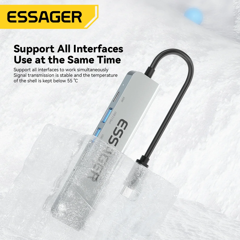 Essager em Usb tipo c Hub Pd60w Rápido Carregamento Splitter Laptop Hdmi Divisor de Alta Velocidade 5gbps para pc Usb 3.2 Gen1 2.0 Portas - Imagem 4