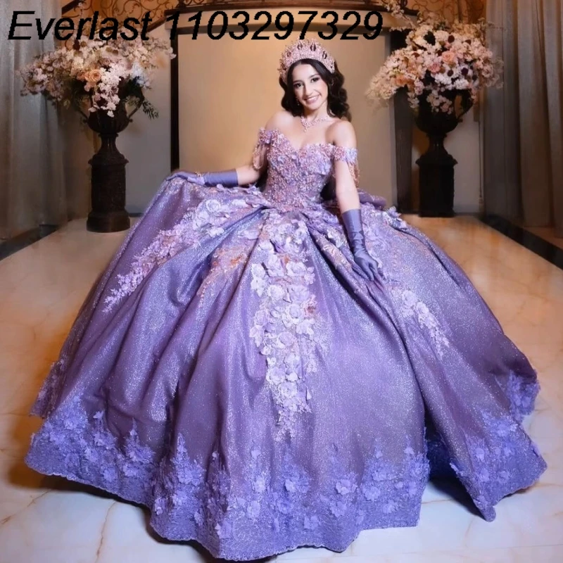 

EVLAST Принцесса Лаванда платье для Quinceanera бальное платье 3D Цветочные Цветы кружево Аппликация бусины милое 16 Vestidos De 15 лет TQD166