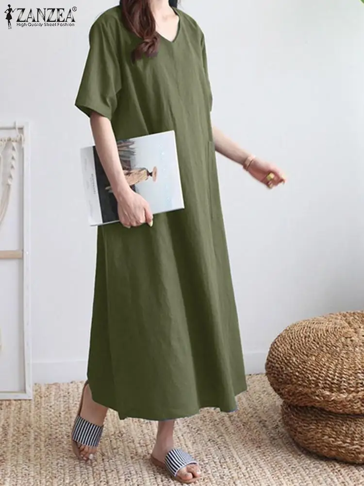 

ZANZEA Summer Fashion V Neck Half Sleeve Sundress Women Casual Work Party Vestido Oversize Solid Loose Midi Dress Robe Femme