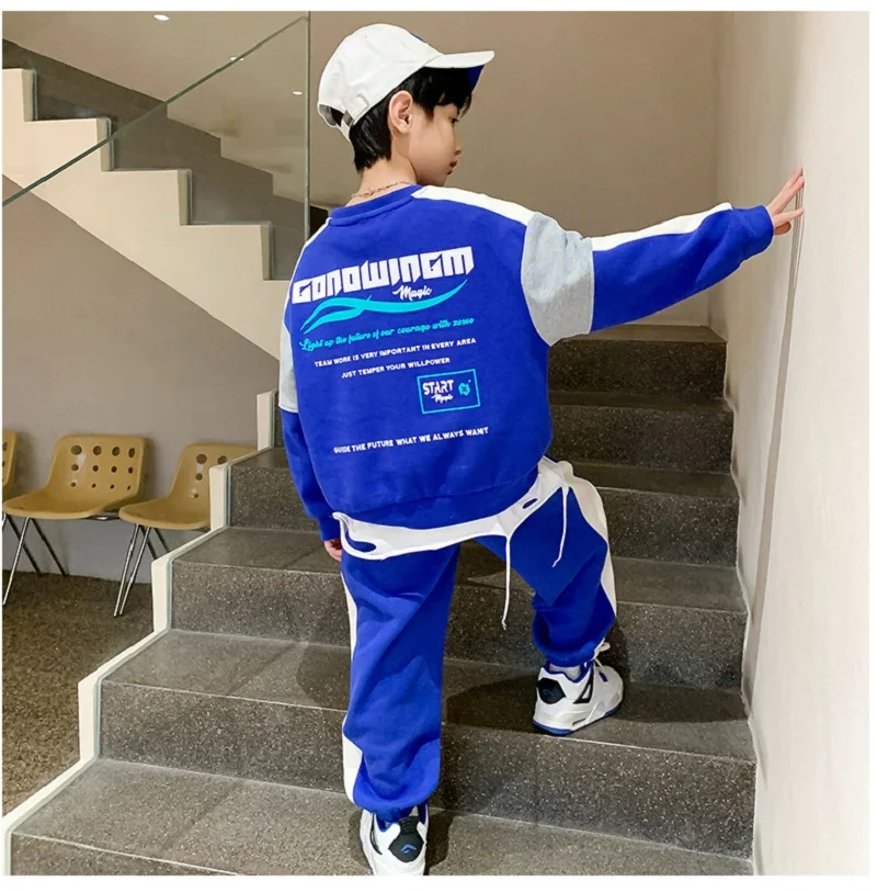 Spring Autumn Boys Contrast Alphabet Sweatshirt+Sweatpant School Kids 2PCS Tracksuit Child Jogger Outfit Workout Set 5-16Yr