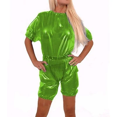 

Latex Rubber Gummi Short sleeves Light green fitness casual uniform Suit