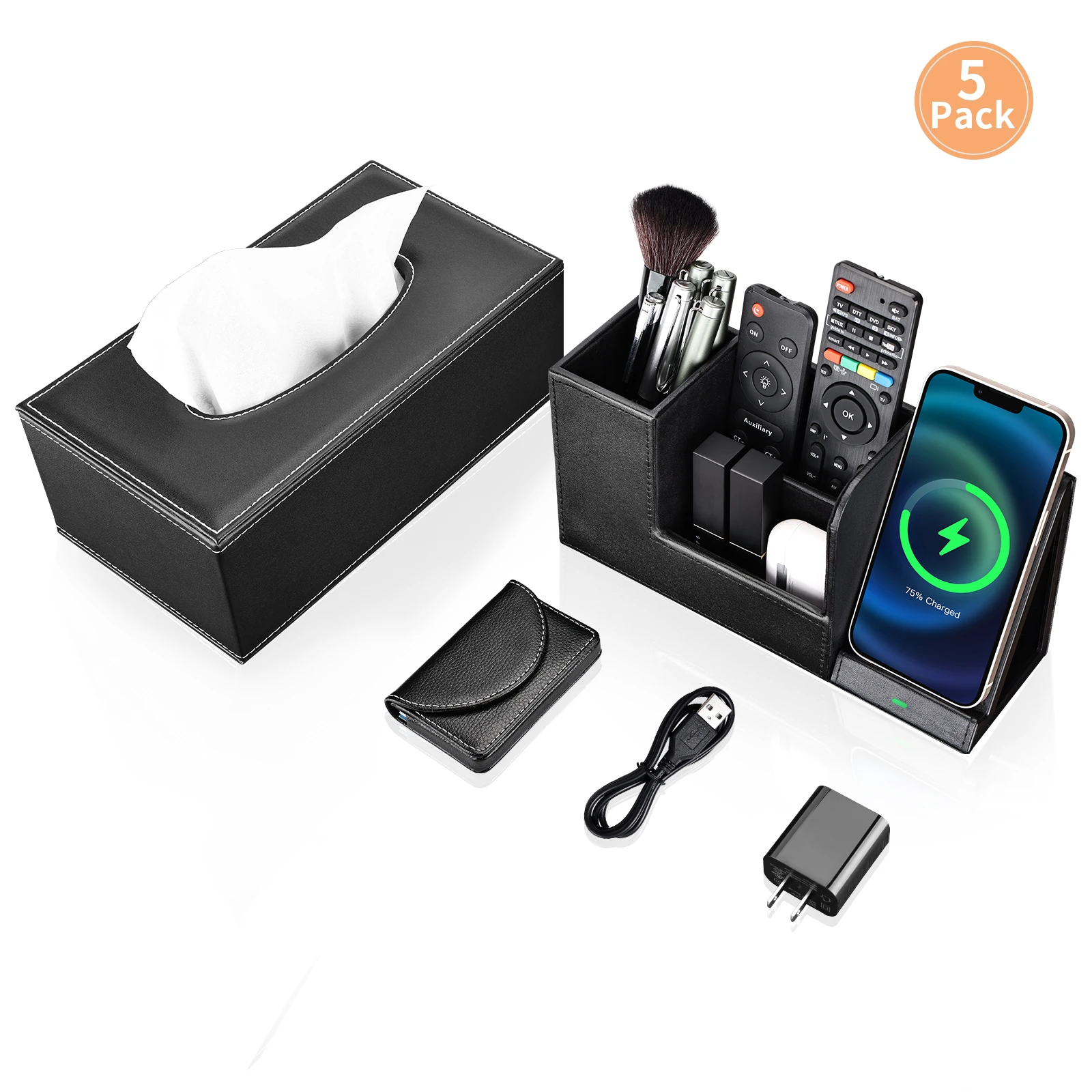 Kingfom Office Desk Storage Organizer Set PU Leather Tissue Box 10W Fast Wireless Charger Business Card Holder Black 3 Pcs/Set