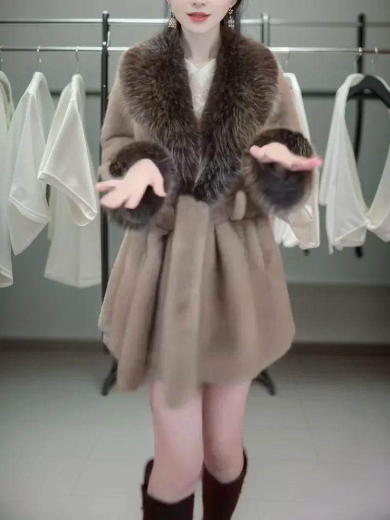 2023 Fall Winter Fashion Warm All-Matching Furry Integrated Faux Fur Coat Imitation Fox Furry Collar Jacket Women's Top Jaquetas