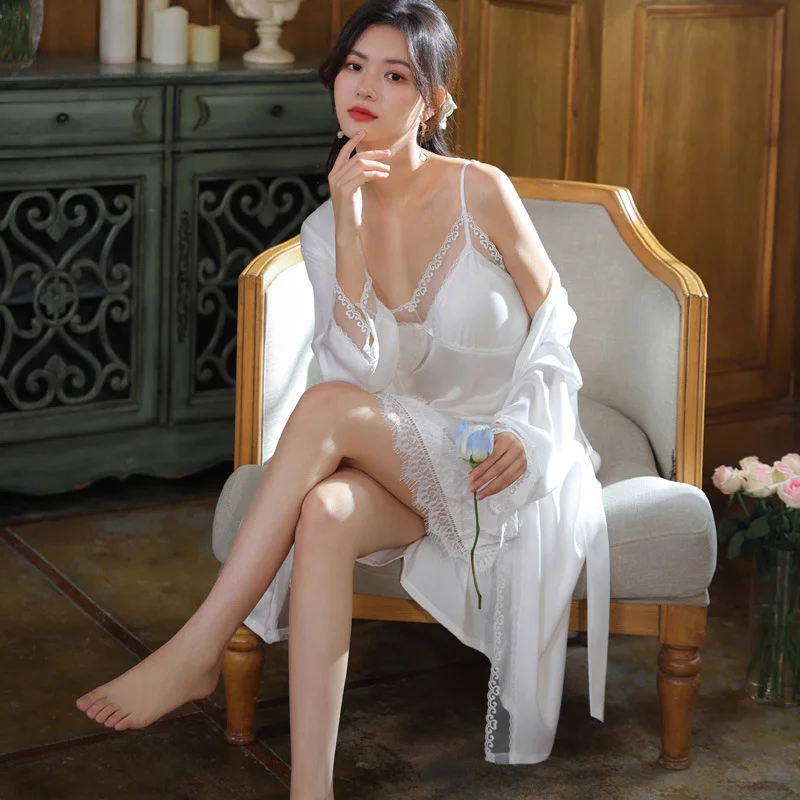 Sexy Lace Satin Nightgowns With Robe Set White Fairy Night Dress For Women  With Built In Bra And Knicker Sets And Ice Silk Nightwear From Fourforme,  $22.74