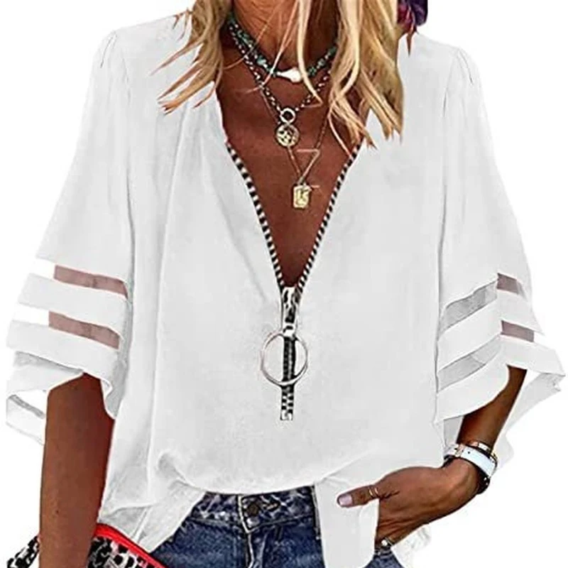 

Summer Half Sleeve Zipper Patchwork White Blouse Casual Short Sleeve V-Neck Tops Stitching Mesh Shirt Streetwear Elegant 19957