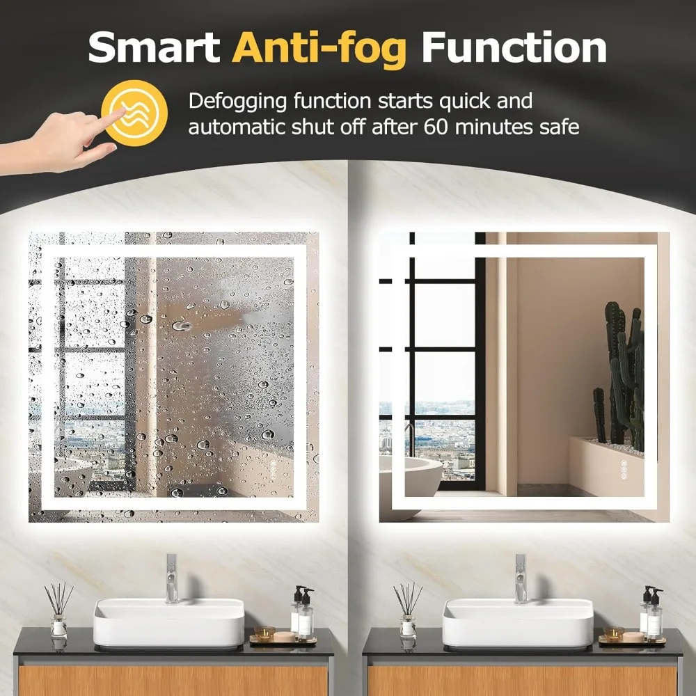 LED Bathroom Mirror Lights 36"x 36" Wall Vanity LED Stepless Dimmable,Double Front and Backlight,Anti-Fog,Memory Smart Mirror