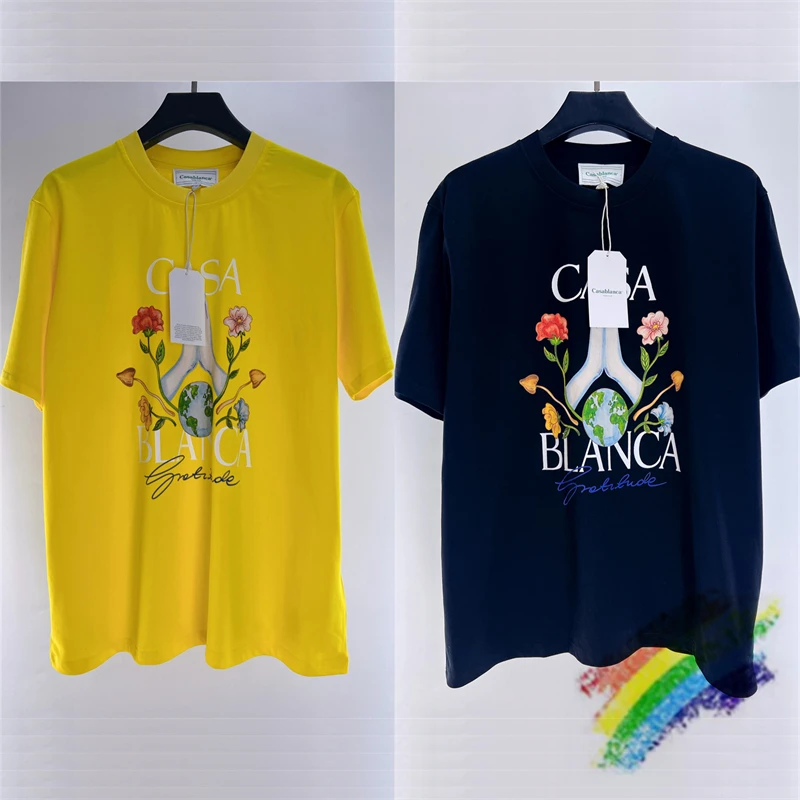 

Loose T Shirt Tee Men Women High Quality Applause And Flowers Printing Casablanca T-Shirt Yellow White Black