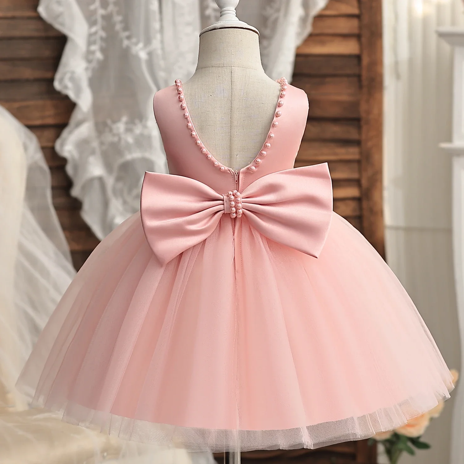 Girls Dress Baby Girl Dress Infant Baby Baptism Dress for Girls Kids Wedding Party Dresses Bow Beaded Tulle Christening Gown Birthday Children Clothes