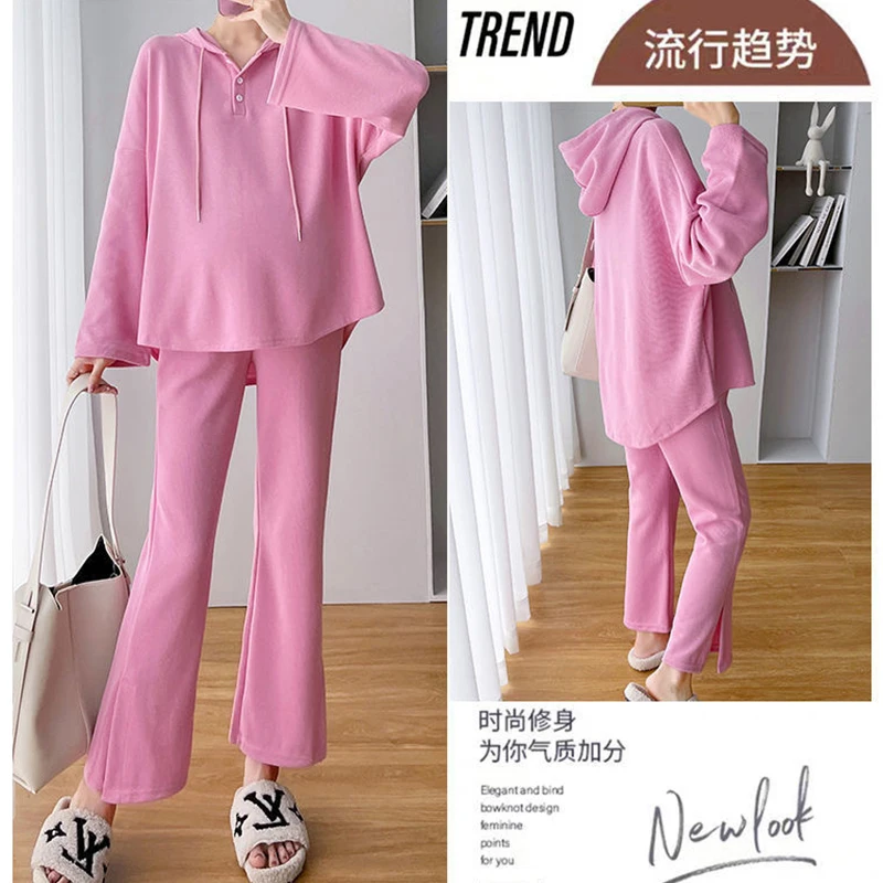 Spring and Autumn Hooded Long Sleeved Pregnant Women's Pants Two-piece Set Casual Maternity Sports Clothes Sets Plus Size Suits