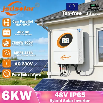 Jsdsolar Inverter Solare Ibrido 6KW 48V On/Off Grid IP65 con Raffreddamento Intelligente, Doppio MPPT 135A, 230VAC, WiFi Integrato, PV 500V 7800W
