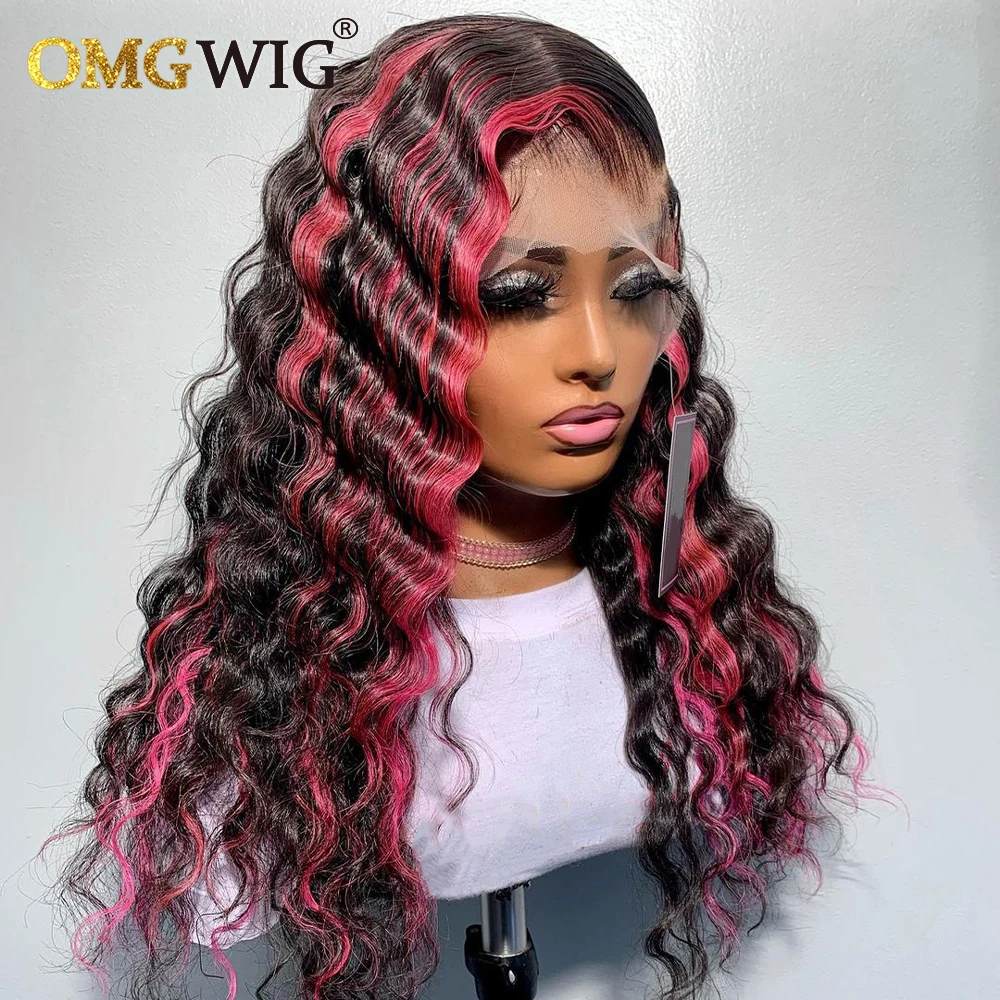 Pink Highlight 360 Lace Frontal Wigs For Women Indian Virgin Human