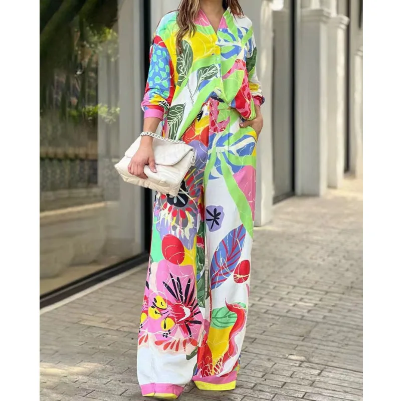 Stylish Long Sleeve Shirt And Wide Leg Pants Floral Print Set main image 0