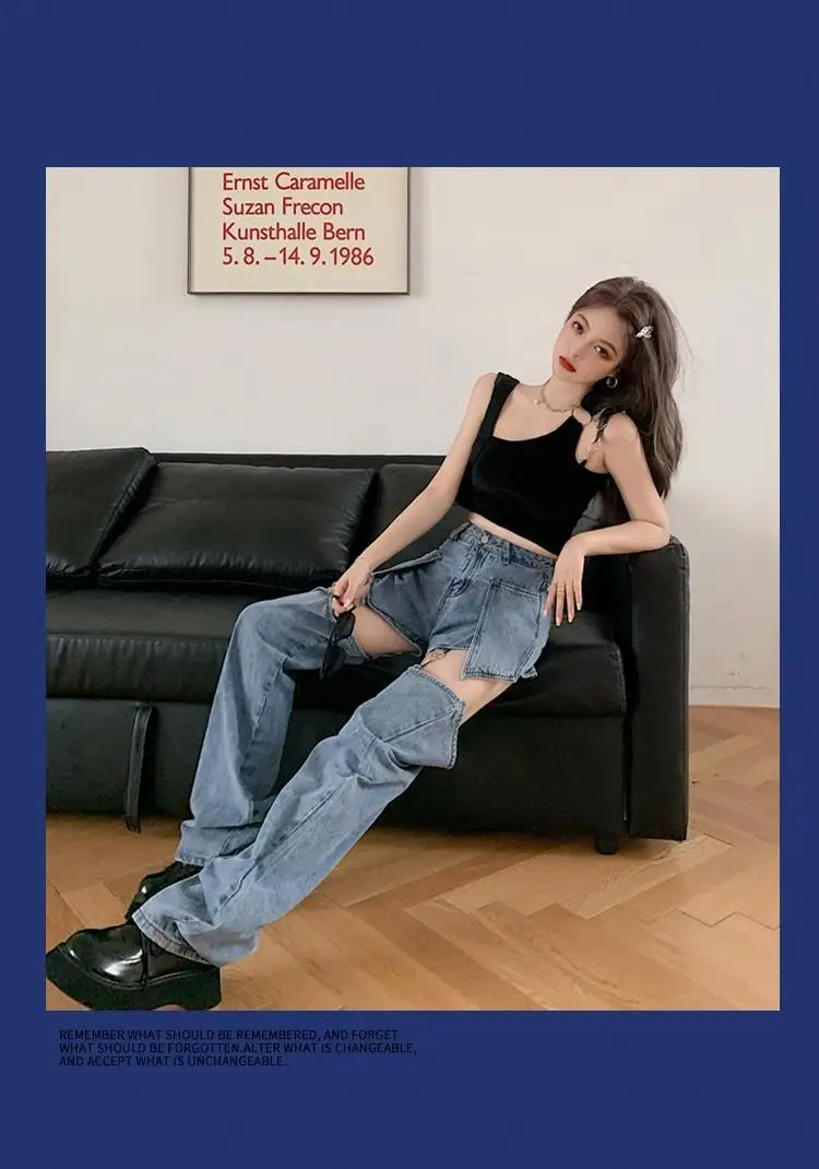 Denim Jeans Women Fashion Patchwork High Waist Straight Leg Pants  Loose New Sweatpants Streetwear Women Korean Jeans denim