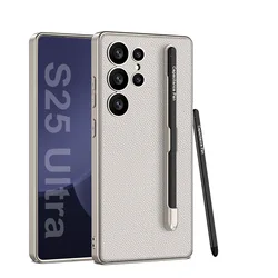 Luxury Carbon Fiber Anti-Knock Case with Pen Holder for Galaxy S25 Ultra (Beige)
