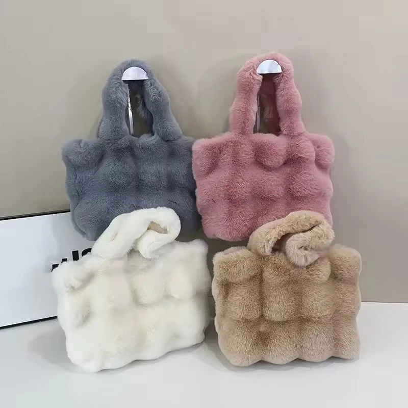 Women's Fluffy Plush Shoulder Bag Autumn Winter Top-Handle Solid Color Tote Versatile Commuter Handbag for Girls