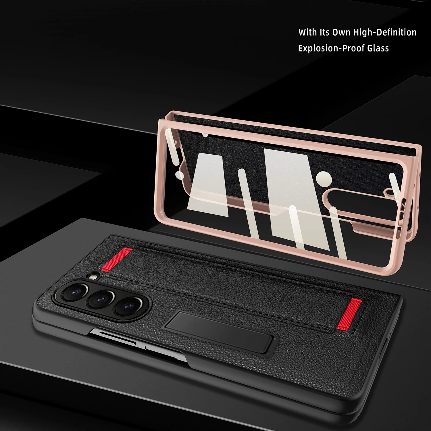 For Samsung Galaxy Z Fold 5 Case With Shell Film Wrist Strap Bracket Lychee Pattern Leather Folding Shockproof Cover Accessories