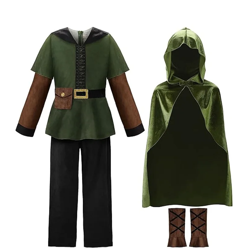 Medieval Hood Cape Cloak Robe Kids Witch Wizard Pirate Outfit Hobbit Cowl Halloween Elven LOTR Costume Mantle Shawl For Boy Girl