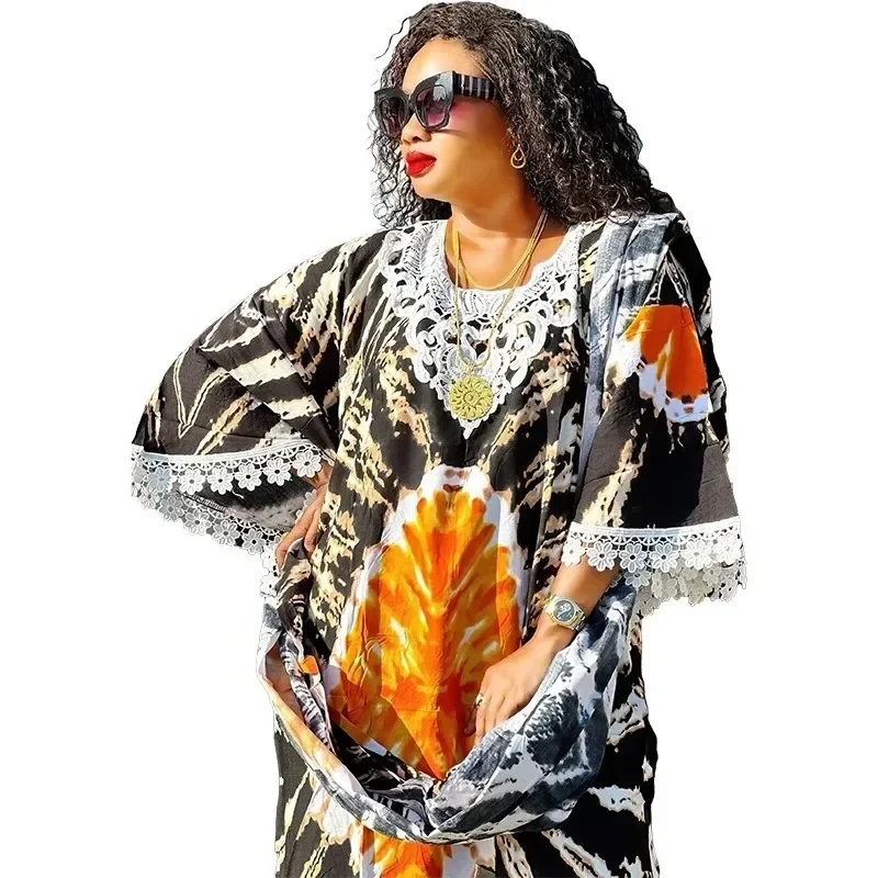 

2023 Africa Dress for Women for Evening Party Autumm Elegant Print O-neck Maxi Dress Muslim Fashion Abaya African Clothing