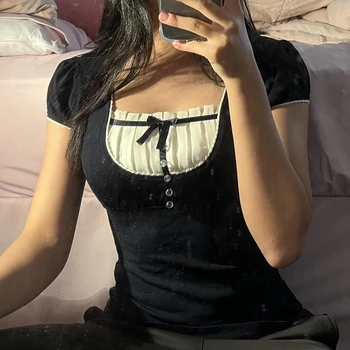 Harajuku Grunge T-shirt Women Korean Preppy Style Kawaii Bow Crop Top Vintage Patchwork Square Collare Puff Sleeve Milkmaid Top 1