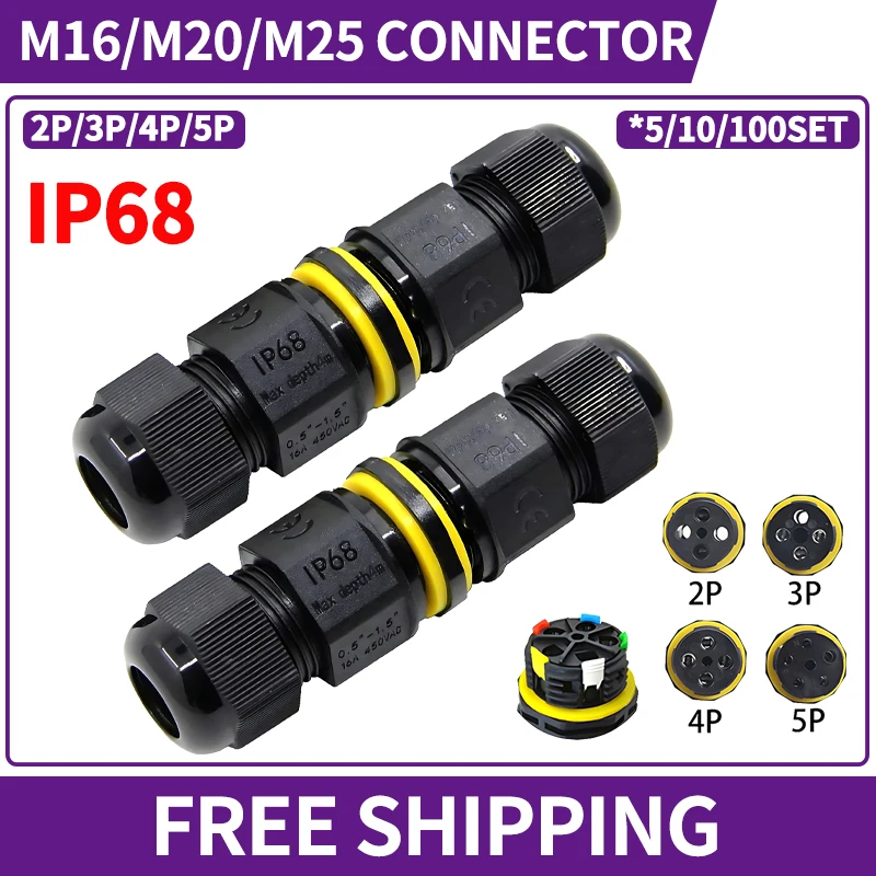 

Outdoor Waterproof IP68 Electrical Cable Connector 2 Way M16 M20 M25 2P/3P/4P/5P Plug Wire Range 3.5 to 14mm External Cord Boxes