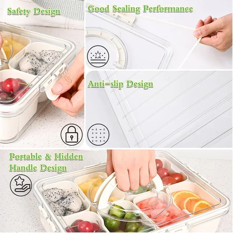4/8 Grids Food Divided Serving Tray with Lids Portable Fruits Nuts Candy Spice Refrigerator Storage Box Snack Food Container 4